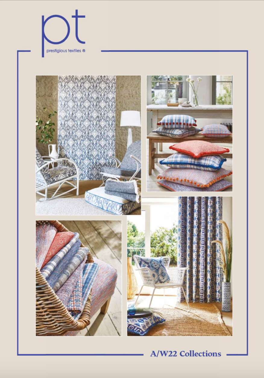A brochure with a collage of pictures of furniture and curtains.