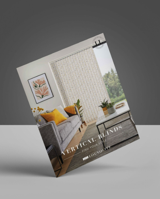 A brochure for vertical blinds is sitting on a table.