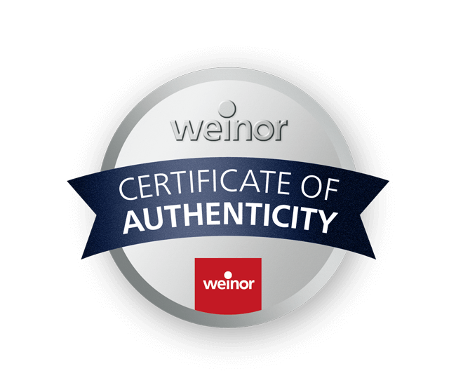 A weinor certificate of authenticity badge on a white background