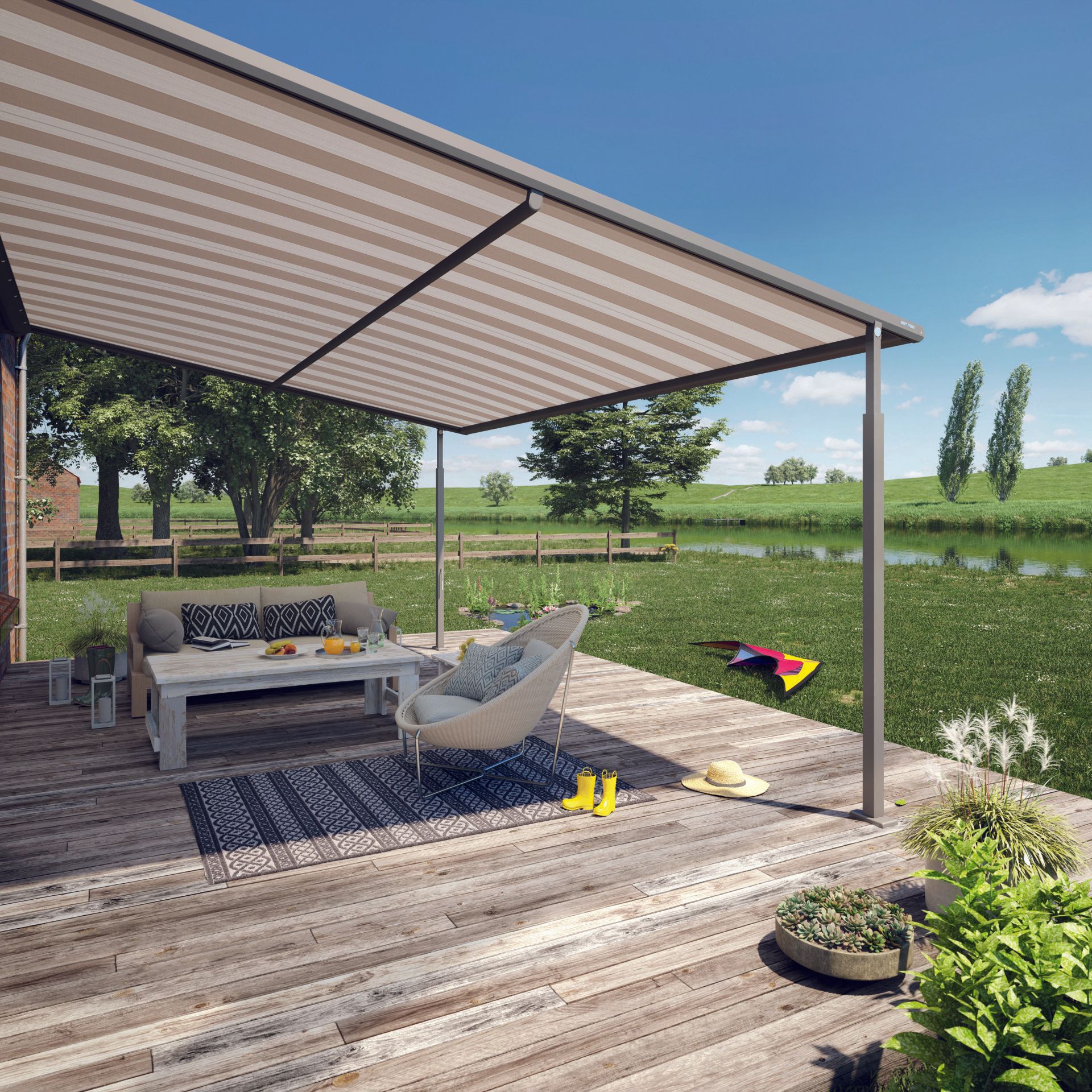 A wooden deck with a striped awning over it