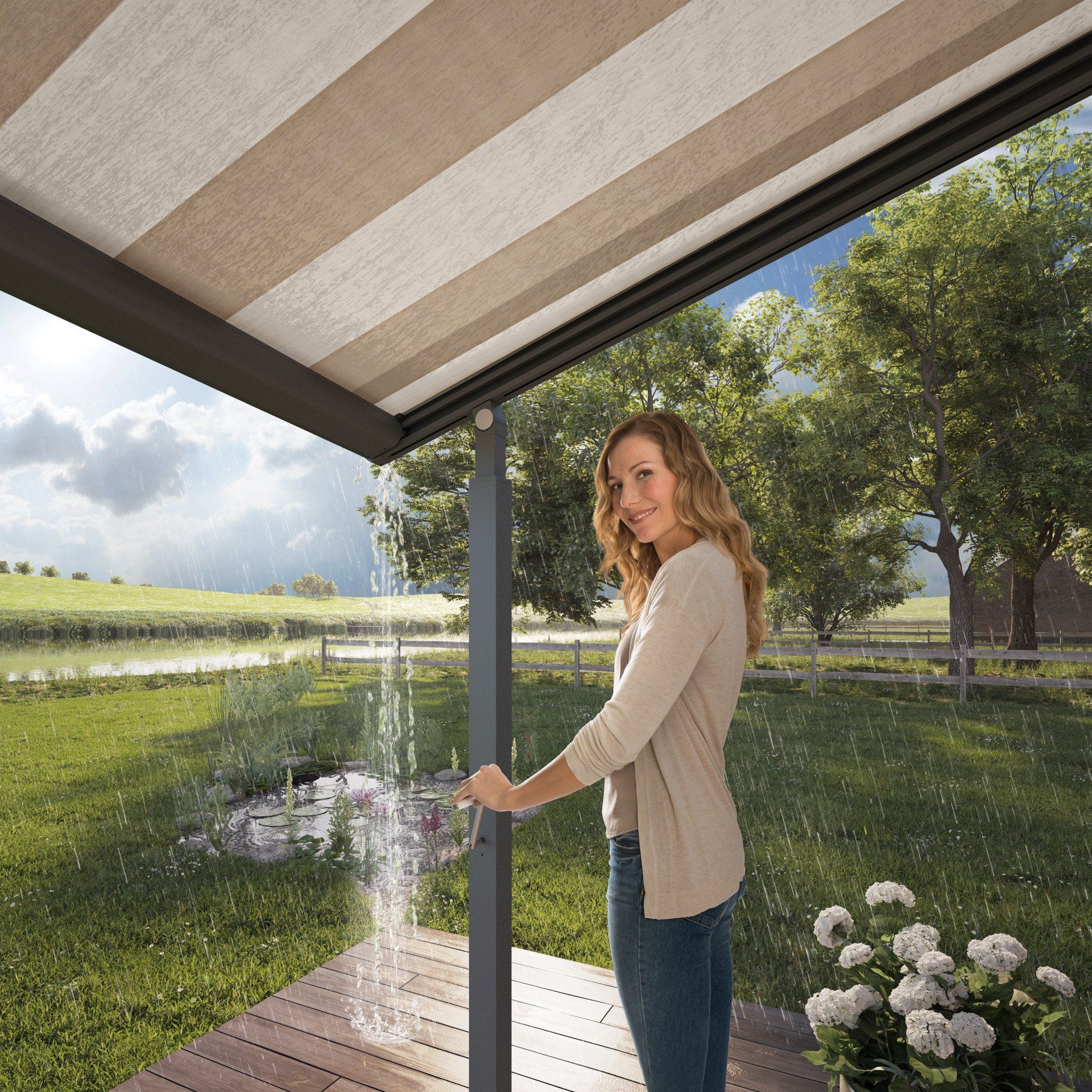 A woman is standing under a striped awning on a porch