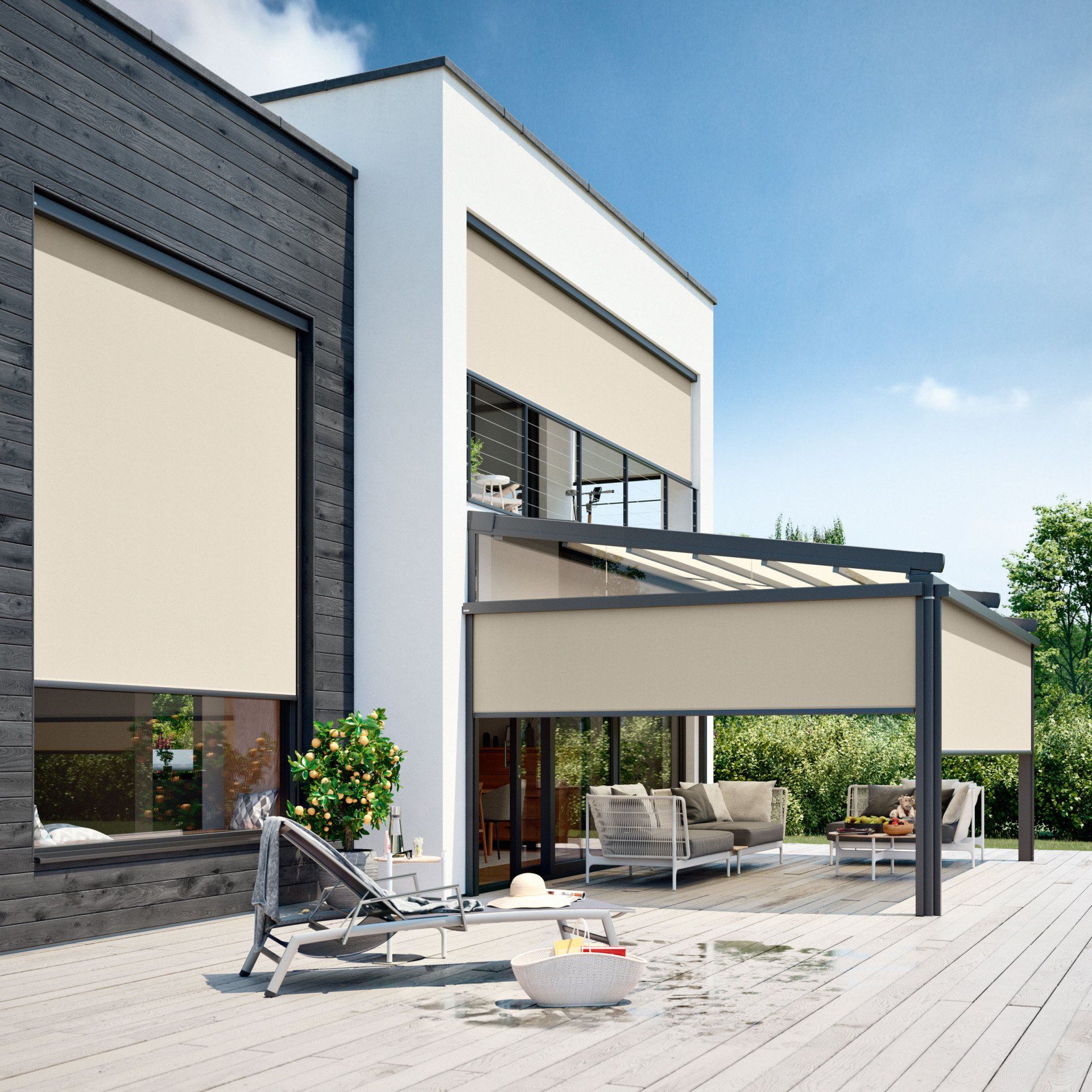A house with a patio with a couch and chairs on it
