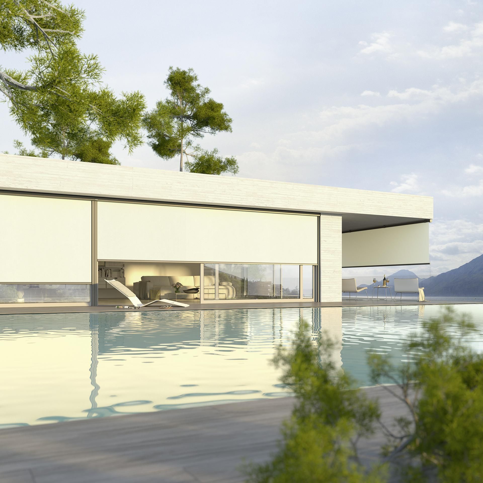 A house with a large swimming pool in front of it