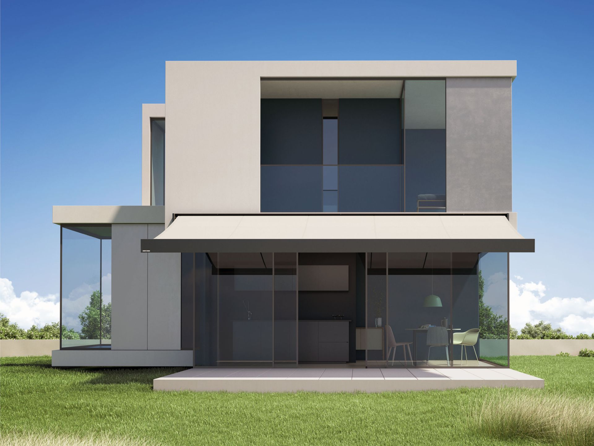 An artist 's impression of a modern house with a balcony and awning.