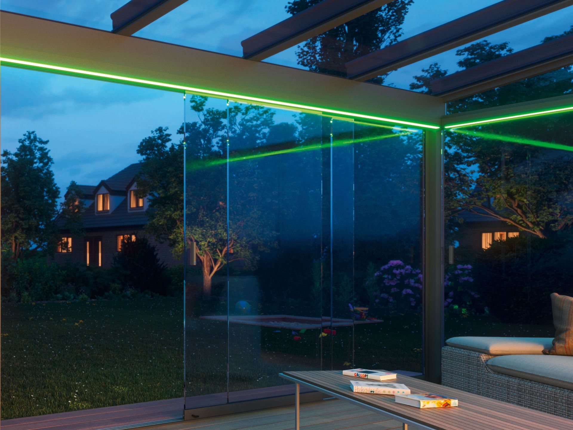 A patio with sliding glass doors and green lights