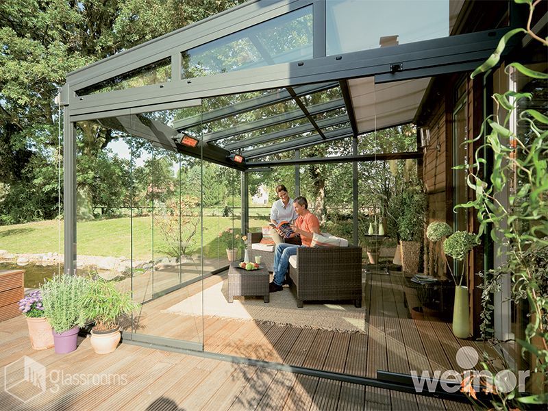 A couple is sitting on a couch under a glass roof on a patio.