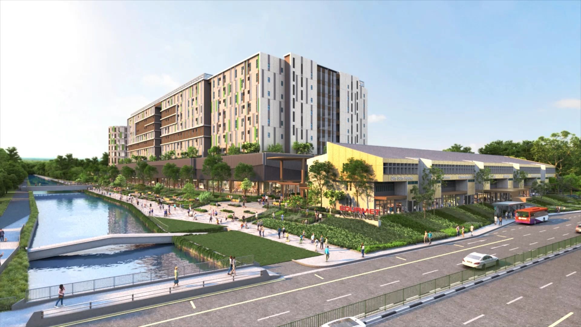 Gourmet Xchange Kallang aerial view showing 9-storey modern industrial building alongside Kallang River with lush landscaping and pedestrian walkways