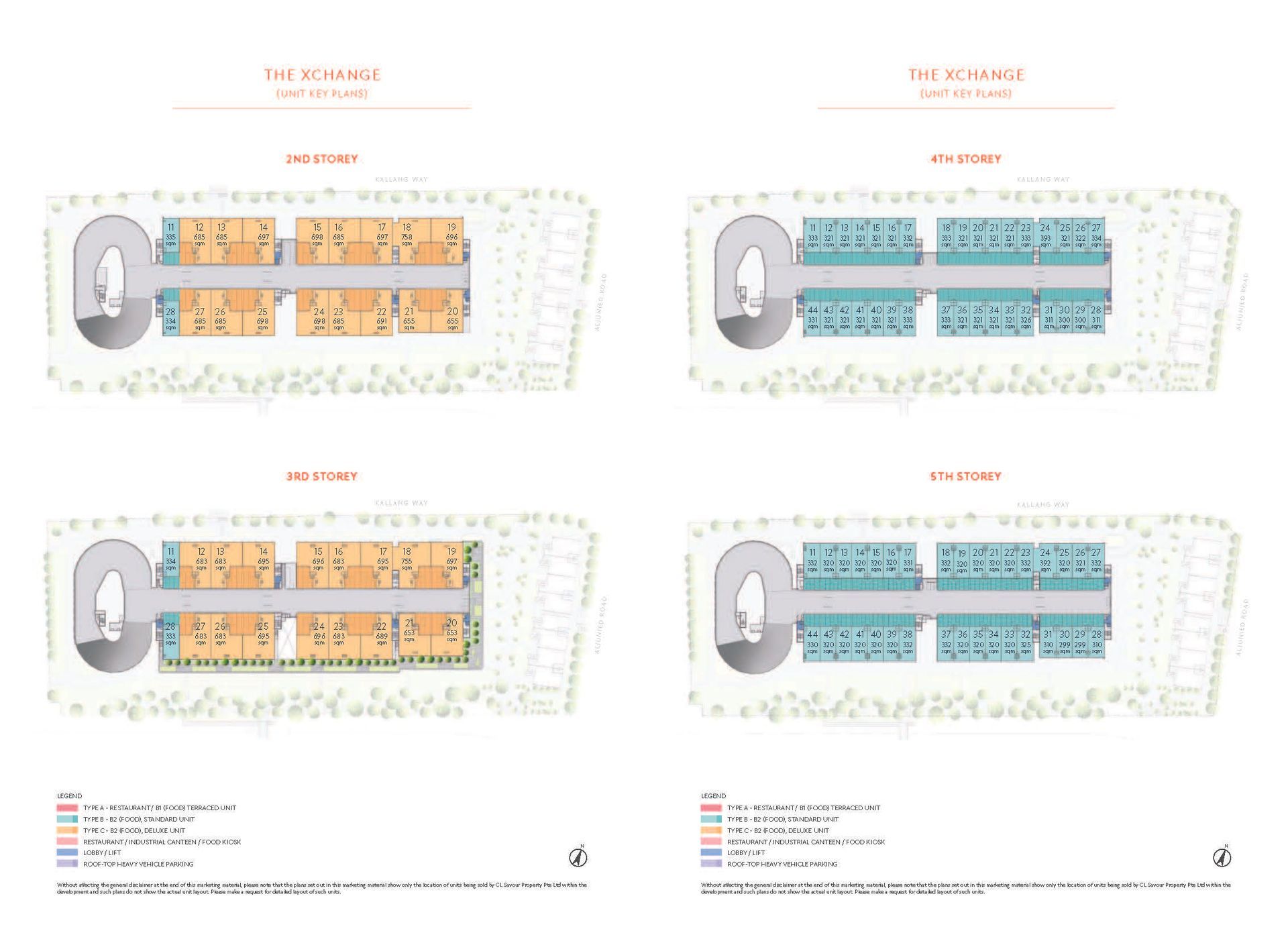 Gourmet Xchange floor plans 2nd 3rd 4th 5th storey unit key plans with detailed unit sizes, configurations and loading access points