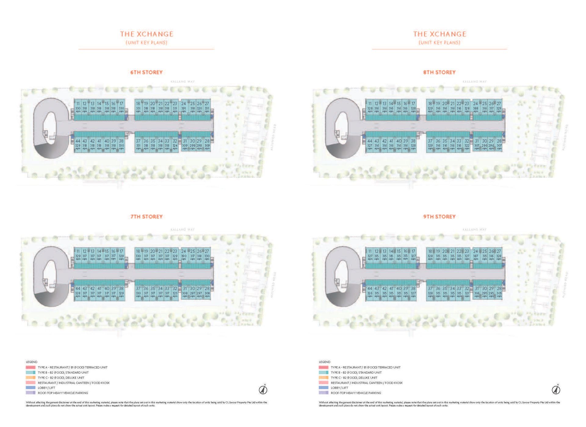 Gourmet Xchange floor plans 6th 7th 8th 9th storey unit key plans showing typical production unit layouts, unit numbers, and square meter specifications for upper levels