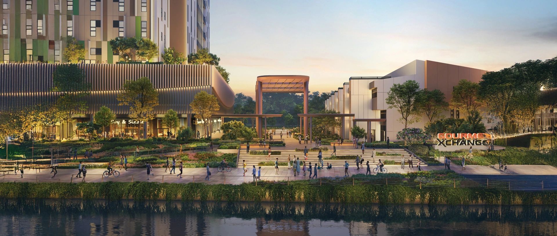 Gourmet Xchange Kallang waterfront plaza with outdoor dining and community gathering space at sunset overlooking Kallang River