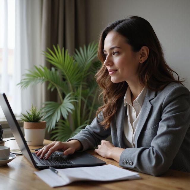 Woman in a blazer works on a laptop, smiling, with a plant and coffee on a desk in a well-lit room.