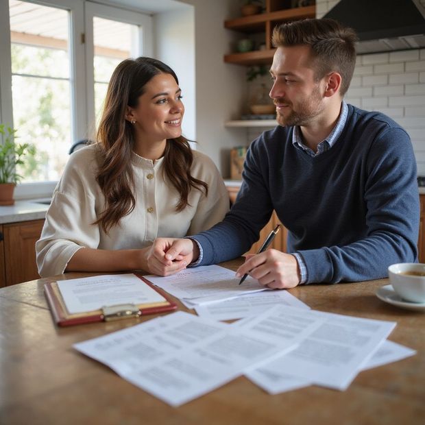 A couple smiling and holding hands while reviewing paperwork at a kitchen table.