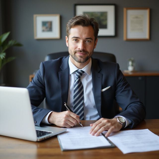Man in suit at desk, writing on documents, looking at camera. Office setting.