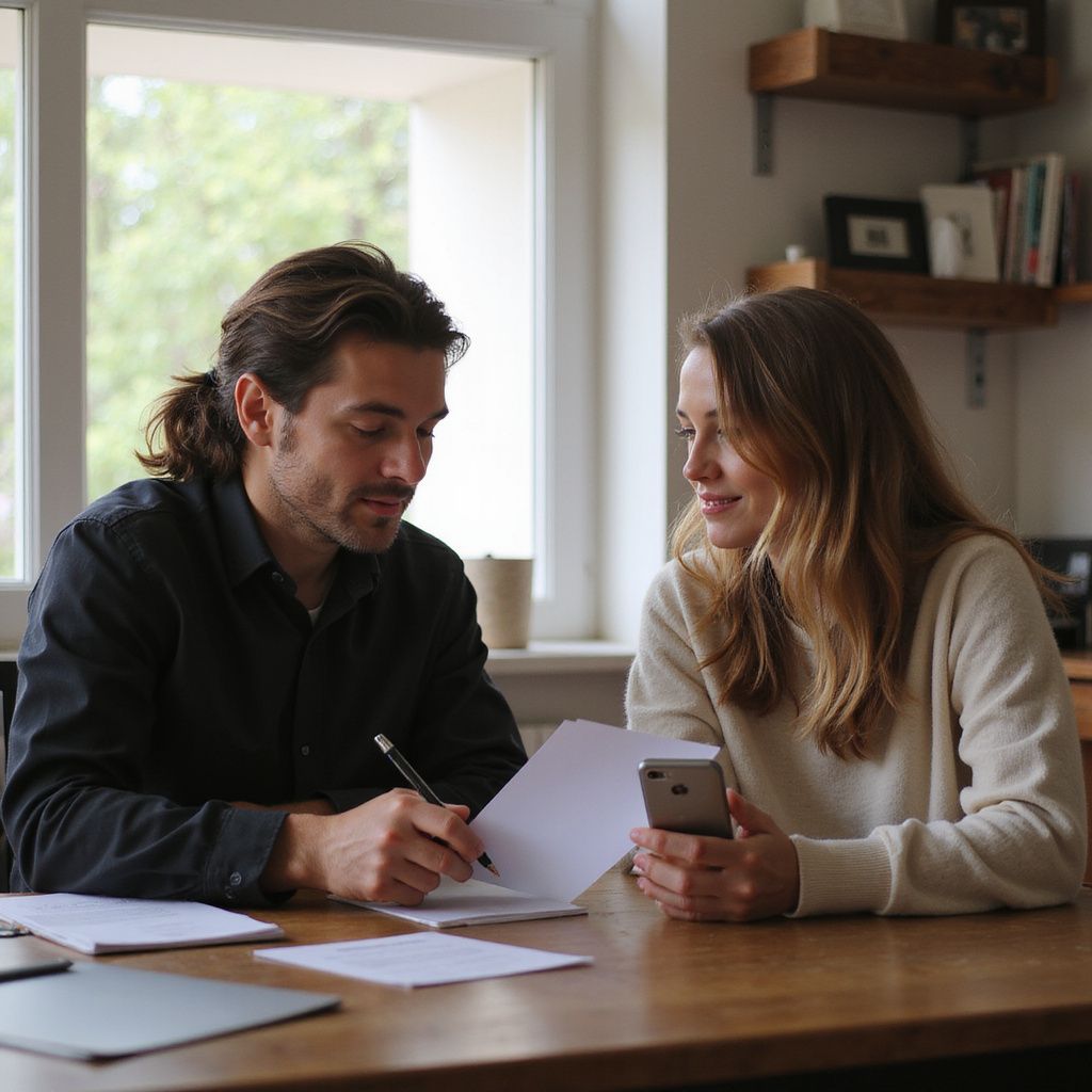Man and woman review paperwork at a table. Man writes, woman holds phone. Indoors, daylight.