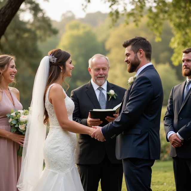 Wedding ceremony: Bride and groom hold hands, smiling at each other, officiant, and bridesmaid. Green background.
