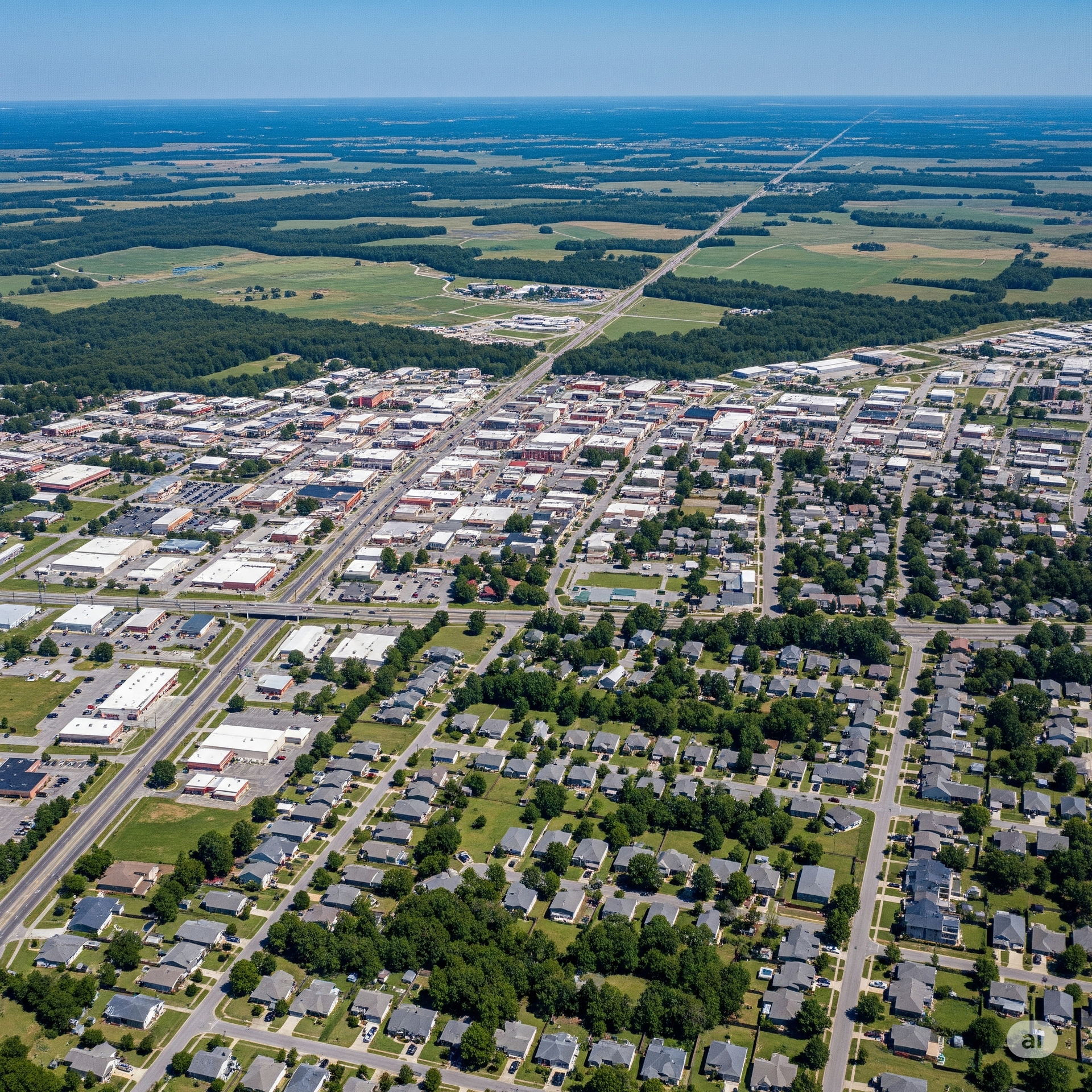 An aerial view of a city with a lake in the background.