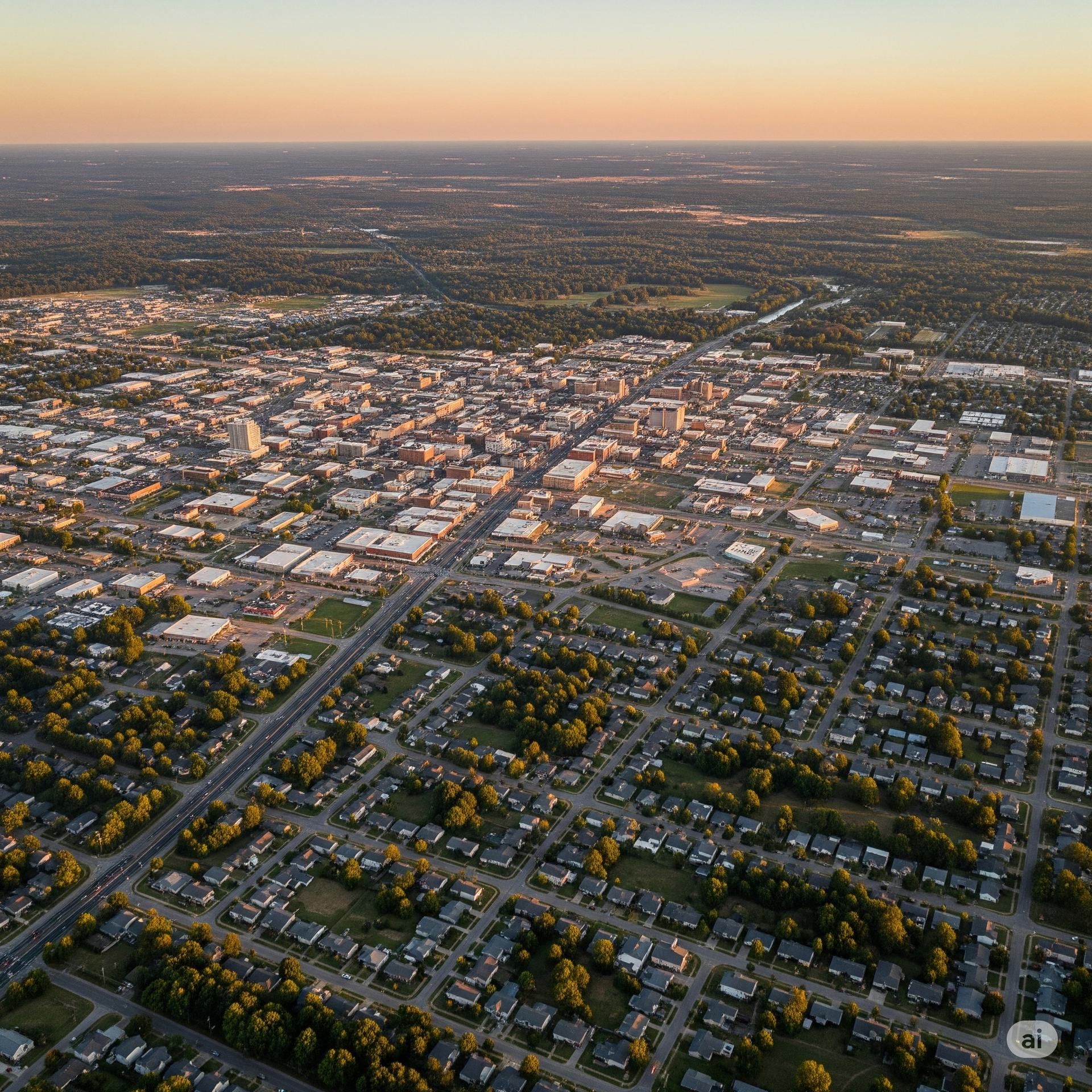 An aerial view of a city with lots of houses and trees