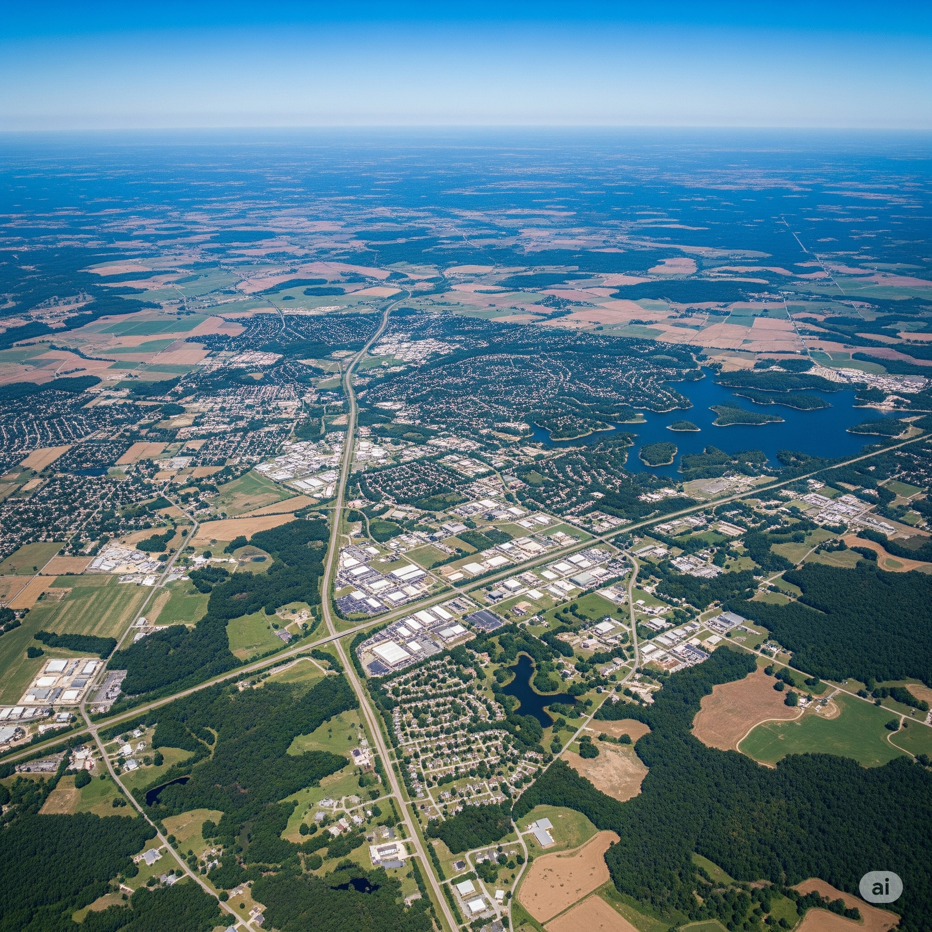 An aerial view of a city surrounded by fields and trees
