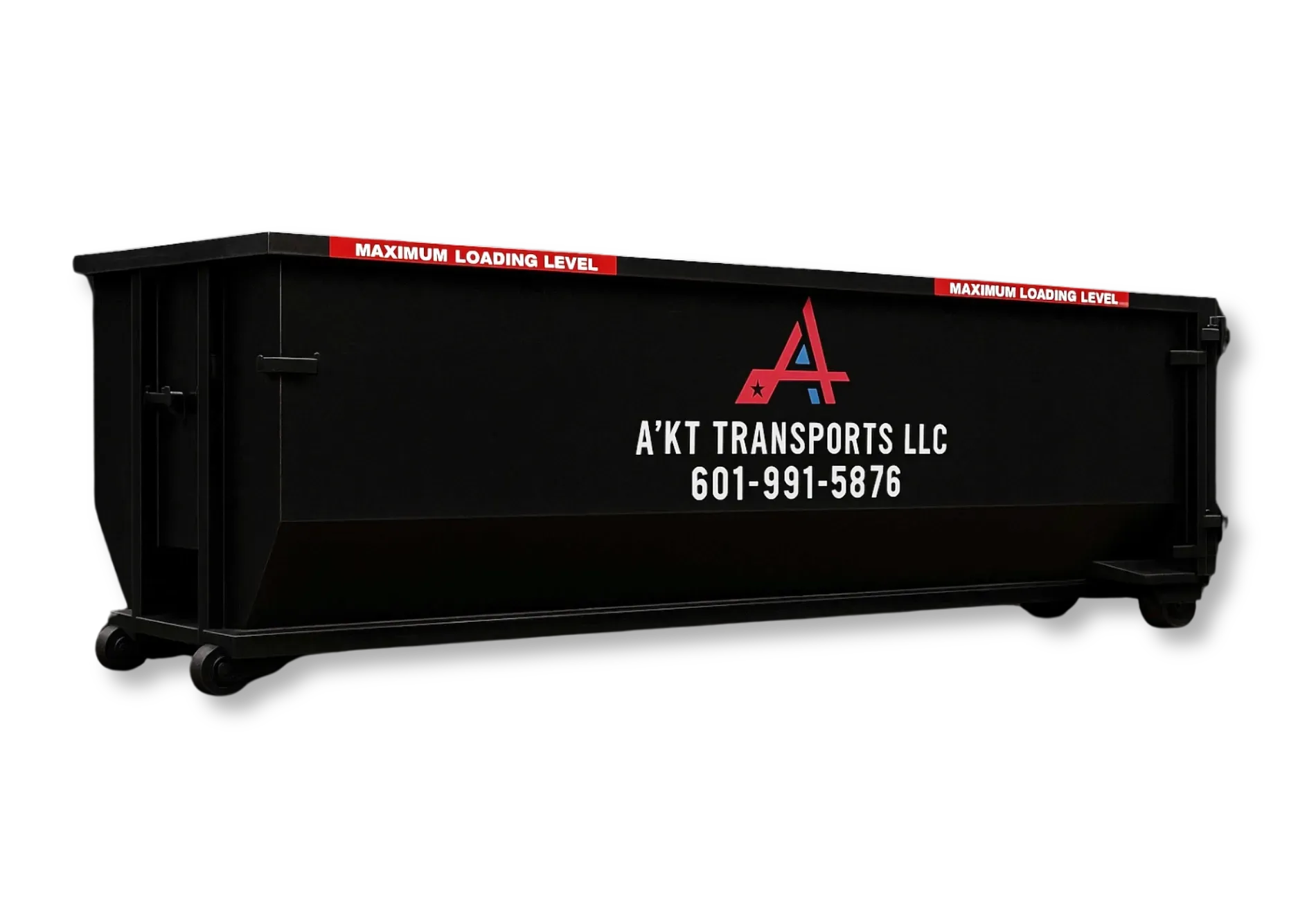 A black dumpster with the letters a and t on it is on a white background.