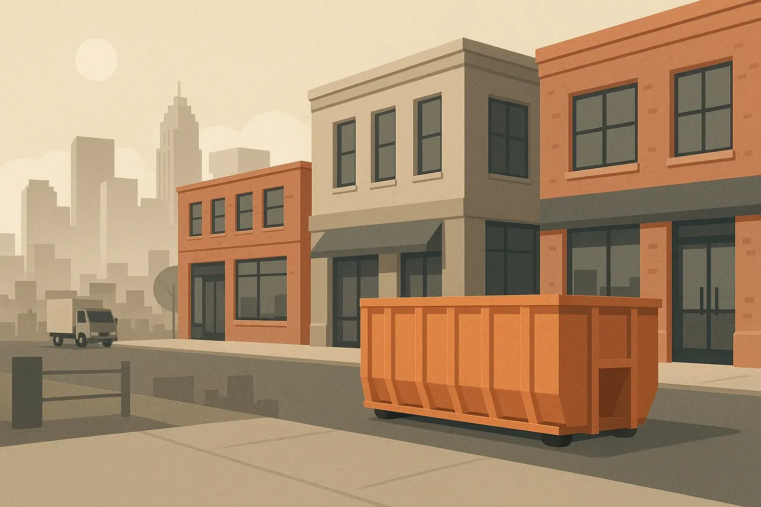 A dumpster is parked in front of a building in a city.