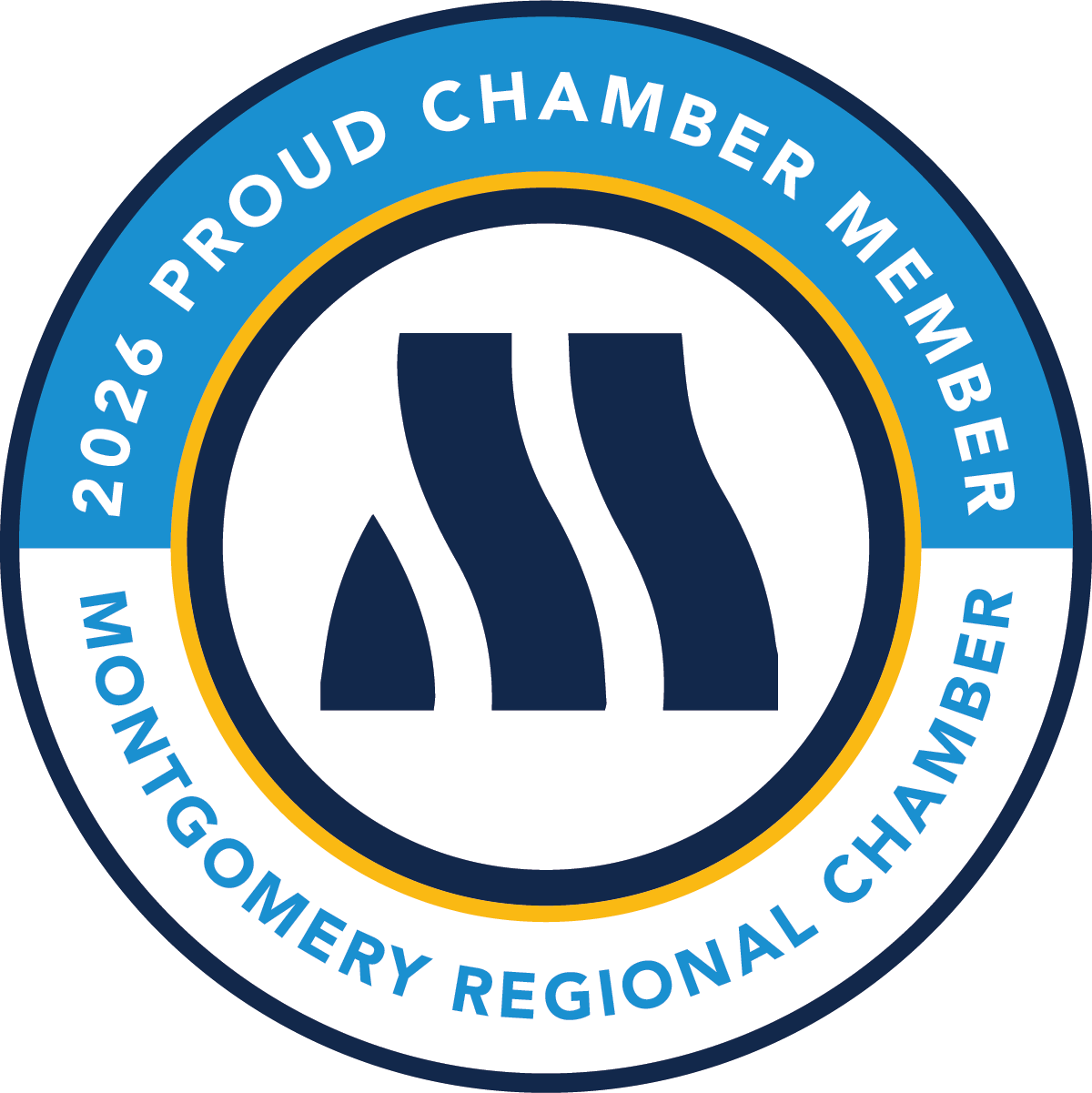 Blue, white, and gold circular logo for the Montgomery Regional Chamber, with 