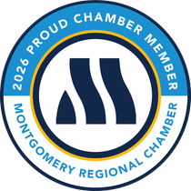 Blue, white, and gold circular logo for the Montgomery Regional Chamber, with 