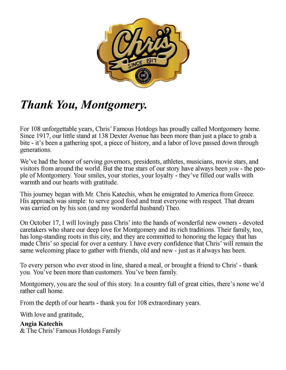 Thank you note from Chris' Famous Hotdogs, addressed to Montgomery, Alabama