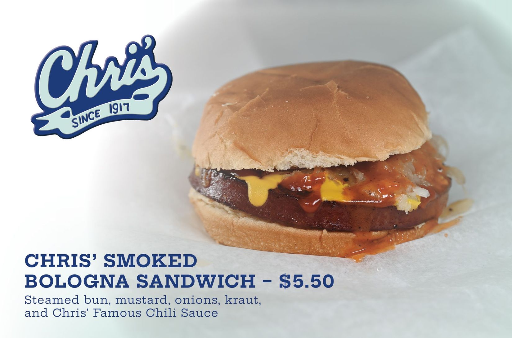 Chris' Smoked Bologna Sandwich on a bun, with mustard and chili sauce. Cost is $5.50.