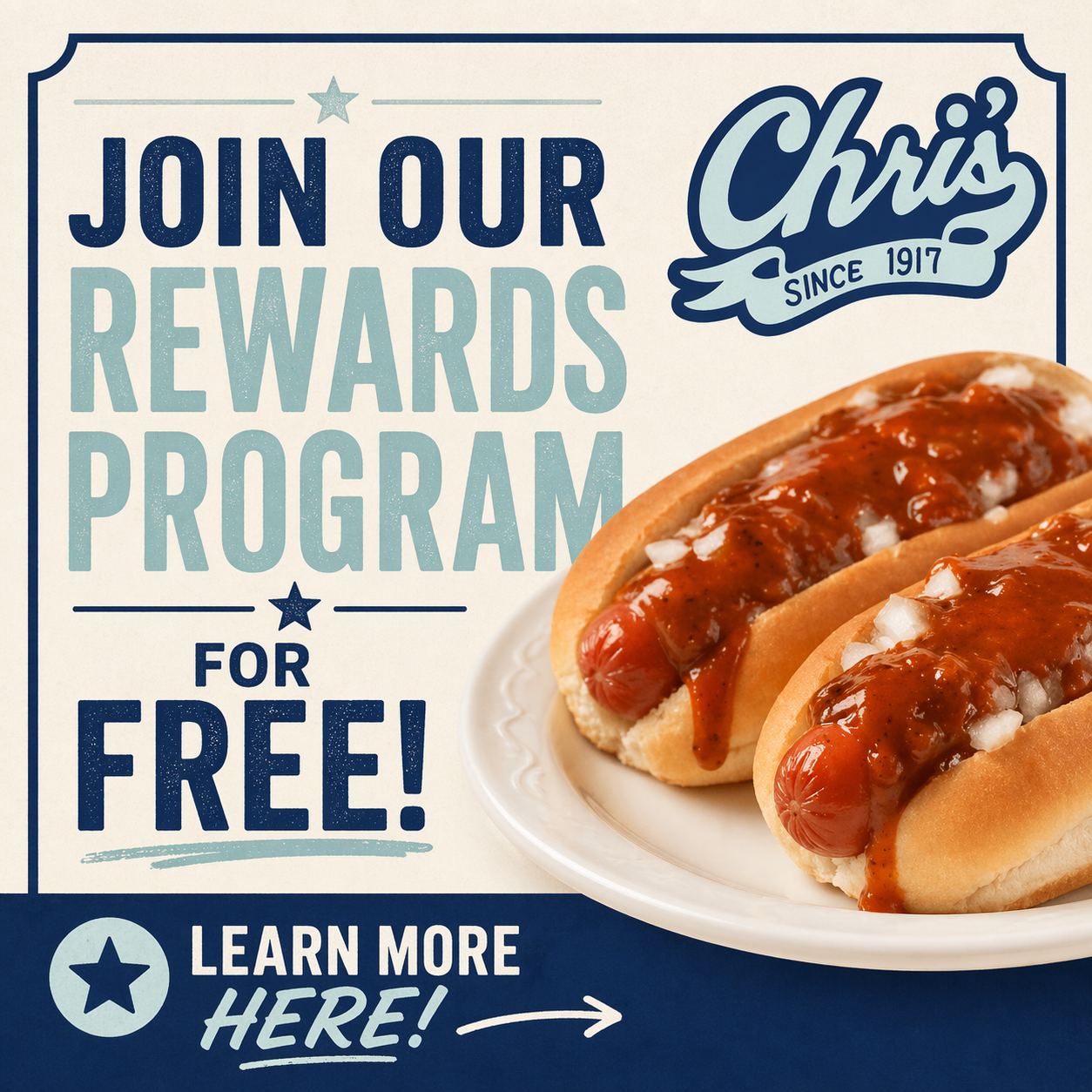 Chris’ Rewards Program ad with hot dogs and “join for free” call to action