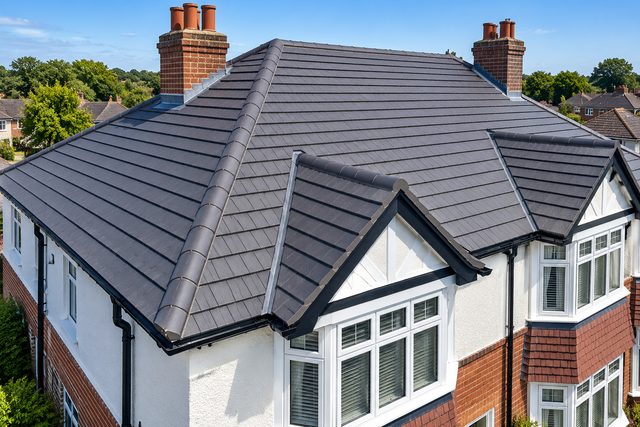 Newly tiled roof with ridge tiles, lead flashing and brick chimneys on a semi-detached house