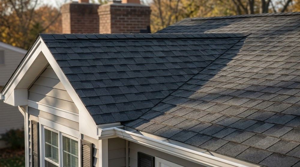 Dark gray shingled house roof with white eaves and a brick chimney