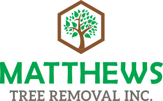 the logo for matthews tree removal inc. has a tree in a hexagon .