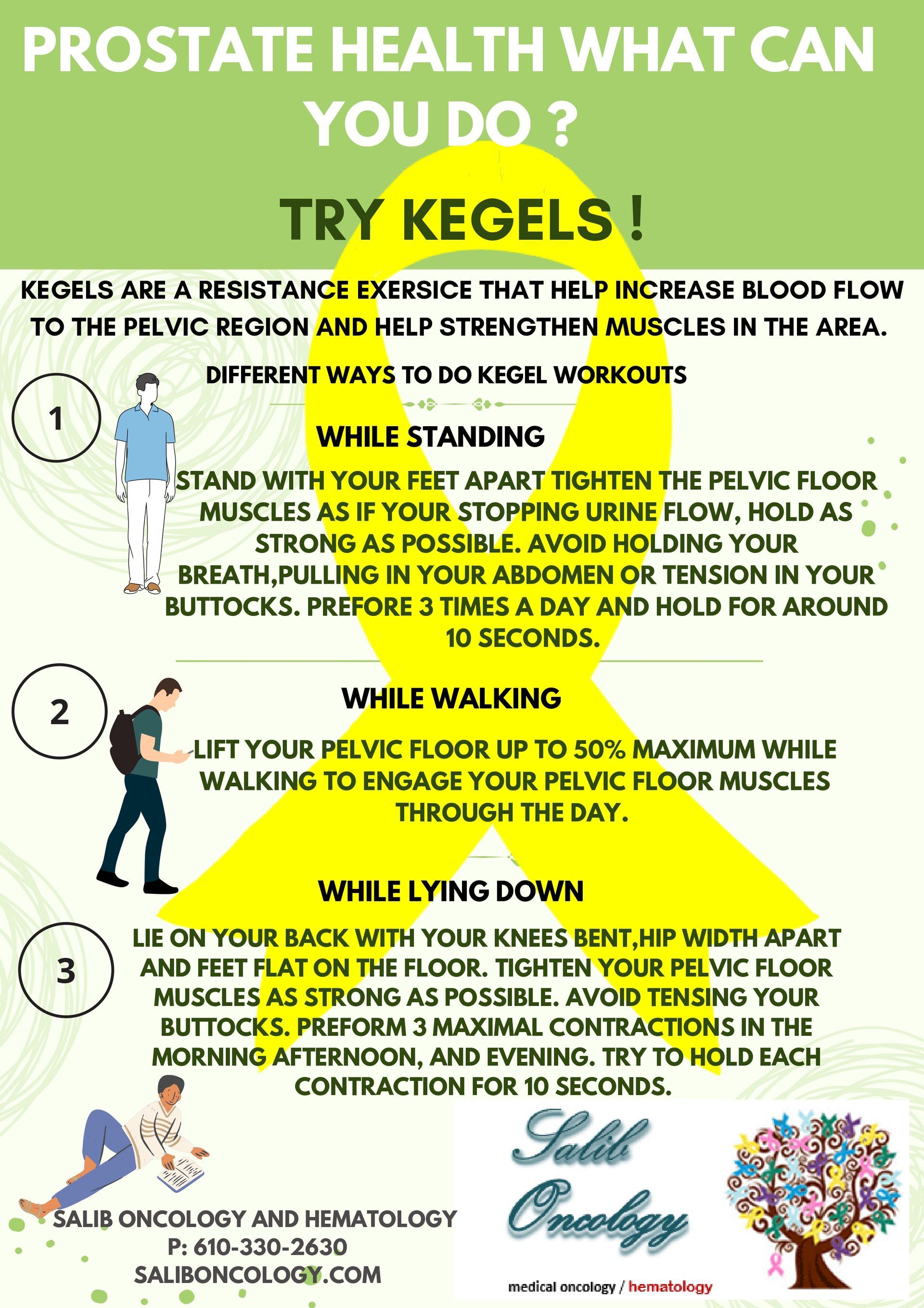 Poster on prostate health with Kegel exercise instructions: standing, walking, lying down, with yellow ribbon.