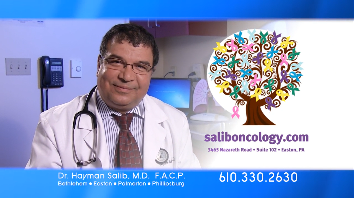 Doctor in lab coat with stethoscope, smiling, next to a logo for Salib Oncology. Includes a website and phone number.