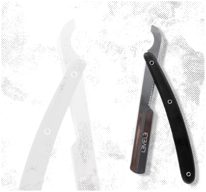 A close up of a razor on a white background.