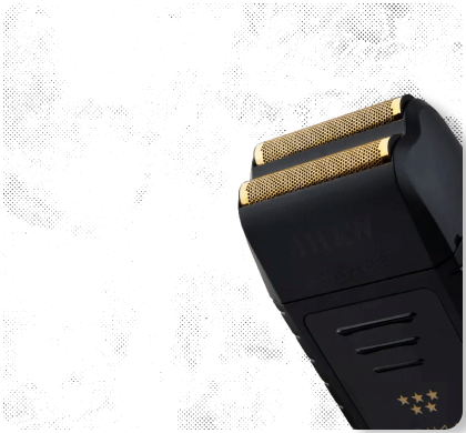 A black shaver with gold blades on a white background