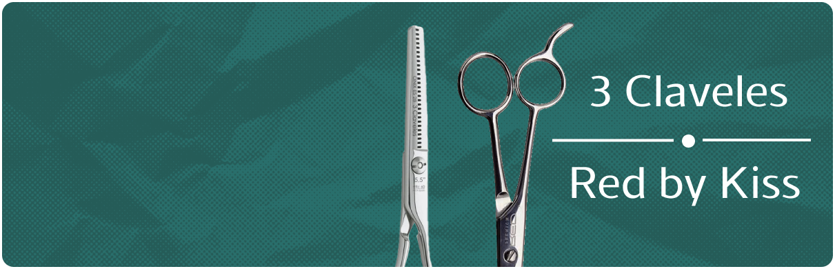 A pair of scissors with the words 3 claveles red by kiss below them