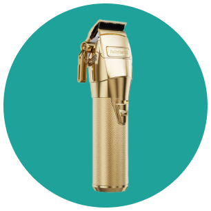 A gold hair clipper is sitting in a circle on a blue background.