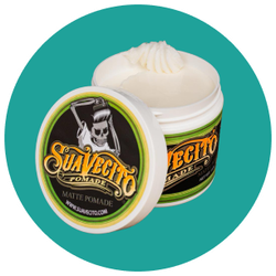 A jar of suavecito pomade on a blue background