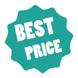 A blue sticker that says `` best price '' on a white background.