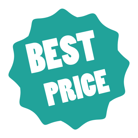 A blue sticker that says `` best price '' on a white background.
