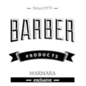 A black and white logo for barber products