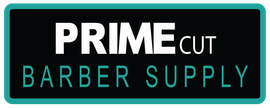 The logo for prime cut barber supply is black and blue.