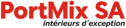 le logo de portmix sa est rouge et blanc sur fond blanc .