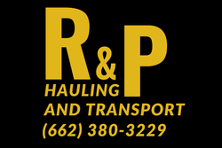 A yellow logo for r & p hauling and transport