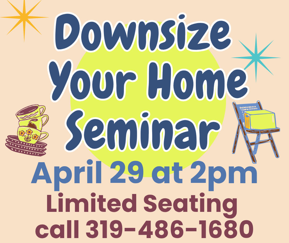 peach blue with blue and text, teacups and folding chair to represent clutter and the Downsize your home seminar

