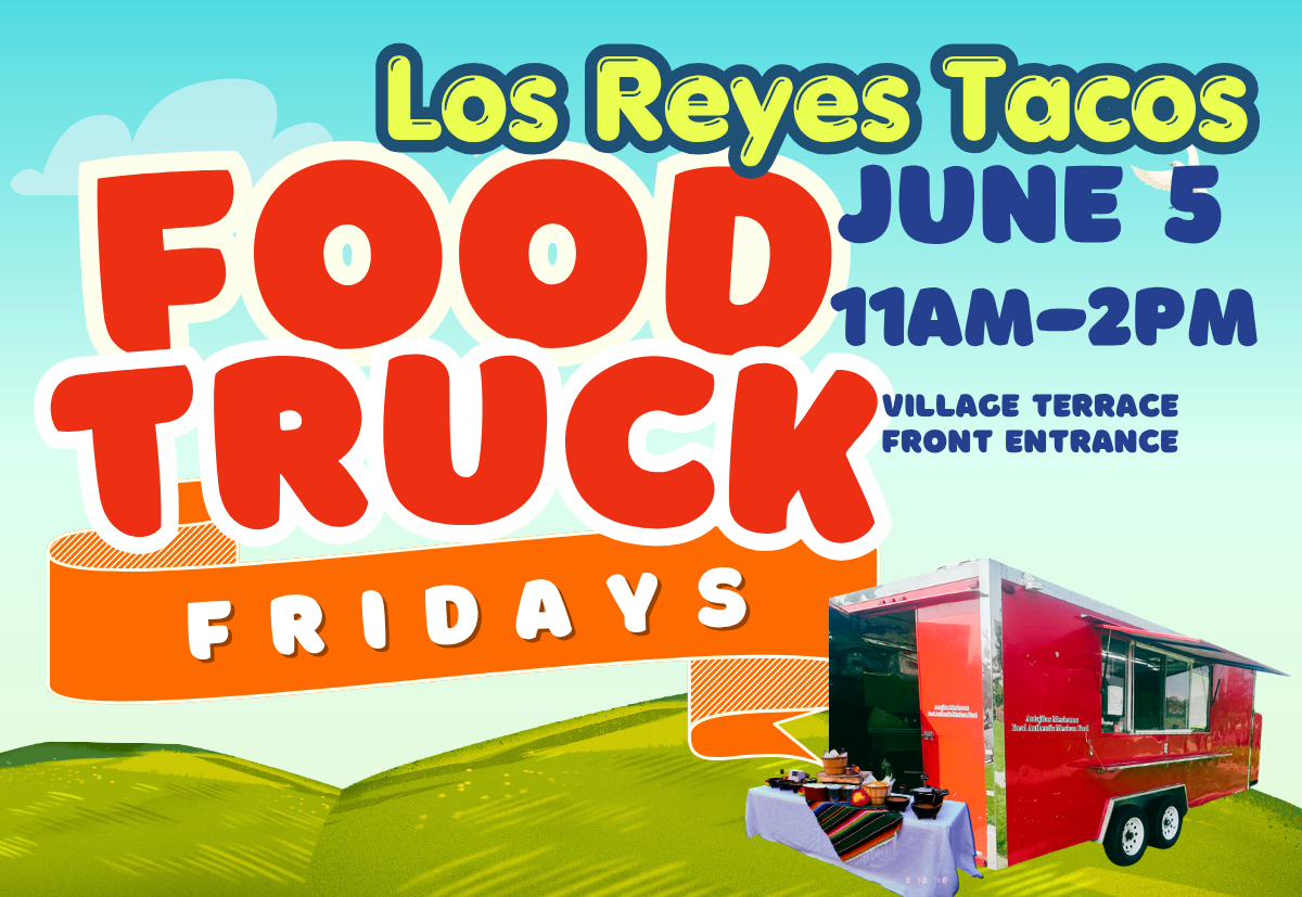 red letters with Food Truck Fridays, and featuring Los Reyes Tacos in green. Red food truck photo on landscape background.