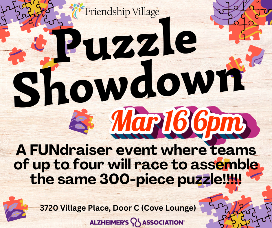 Color graphic with purple orange yellow puzzle pieces. Puzzle Showdown on March 16 at 6pm. A fundraiser event where teams of up to four will race to assemble the same 300 piece puzzle.