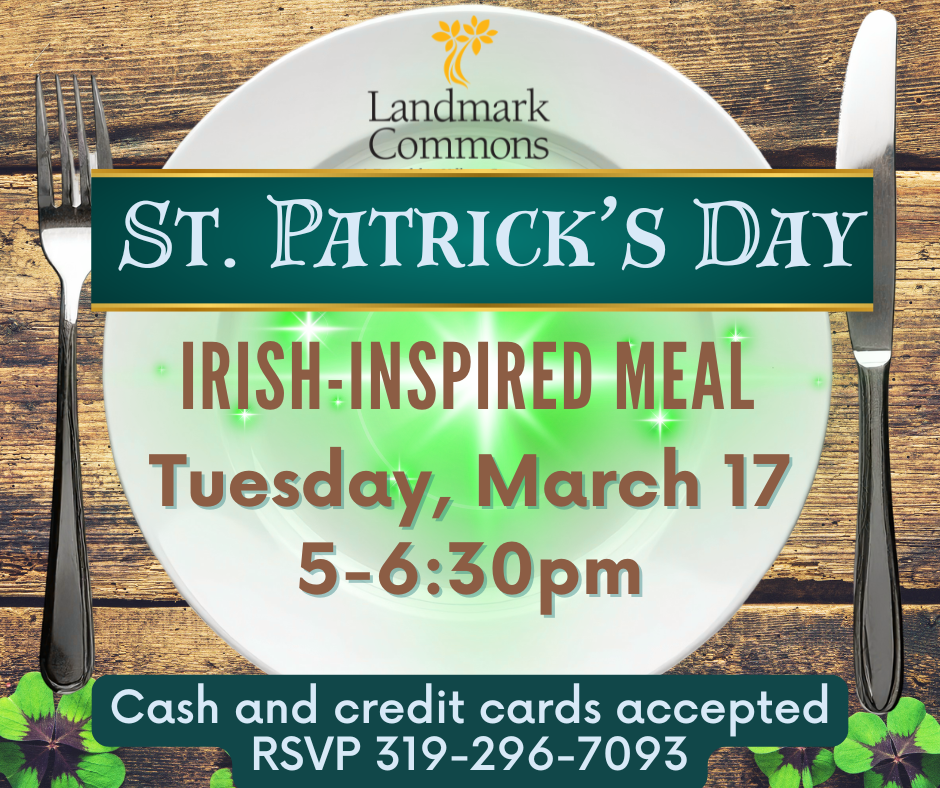 A dinner plate on wood rustic table with St Patrick's Day banner, Irish inspired meal, Tuesday March 17 5-6:30