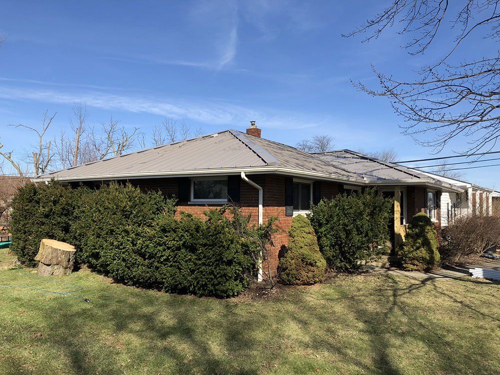 A brick house with a roof and a shrub in front of it.